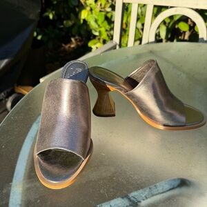 Metallic Open-Toe Mule Heels - Women's Silver Slide